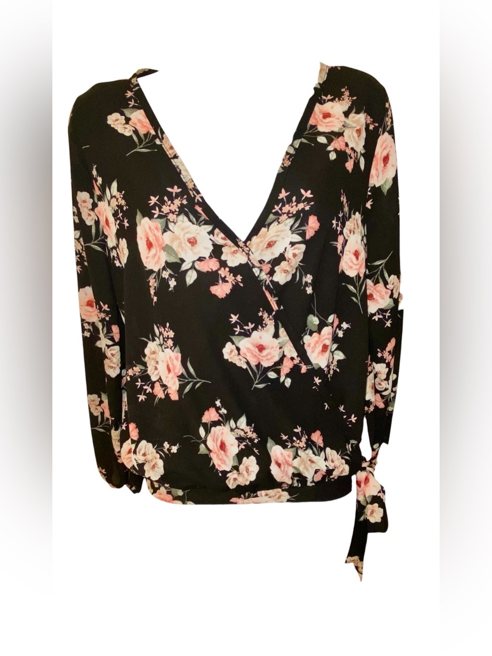 Black Floral Long Sleeve Wrap Blouse Size M